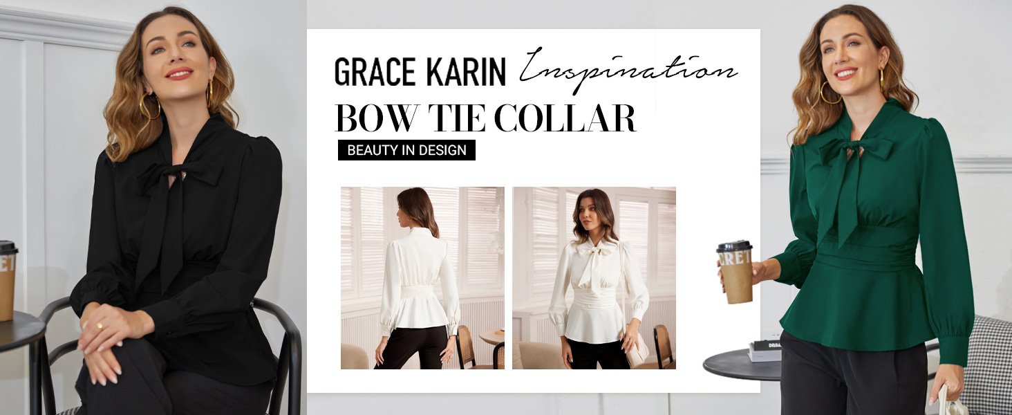 GRACE KARIN Women's Office Bow Tie Blouse Puff Sleeve Peplum Dressy Shirt Smocked Waist