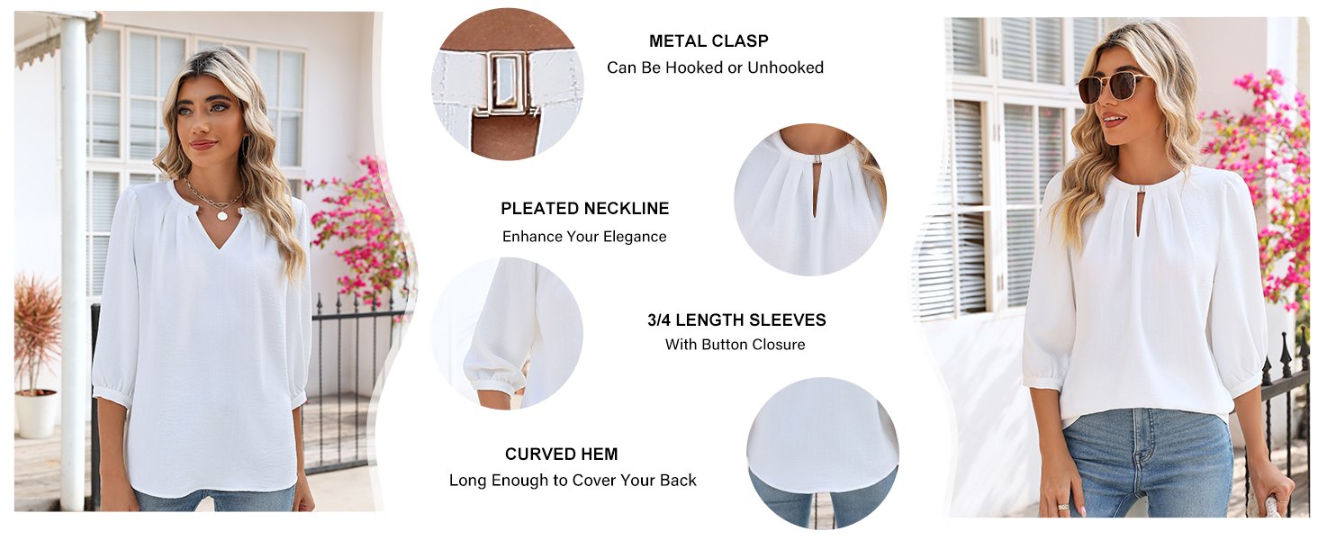 Keyhole V neck 3/4 sleeve tops dressy casual