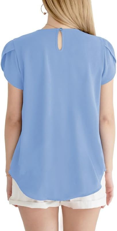 41R8WTw4xyL._AC Women's Casual Round Neck Basic Pleated Tops Short Sleeve Loose Fit Curved Keyhole Back Chiffon Blouses Tshirts