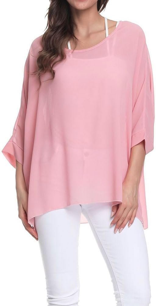 Women Chiffon Blouse Floral Batwing Sleeve Beach Cover Loose Tunic Shirt Tops