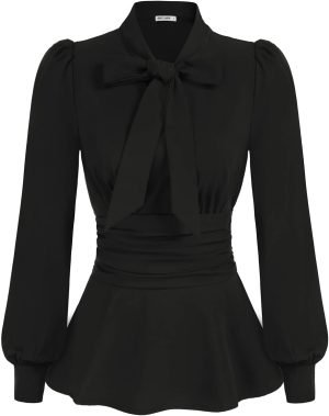Women's Long Sleeve Peplum Dressy Shirt Office Bow Tie Work Blouses Tops Smocked Waist