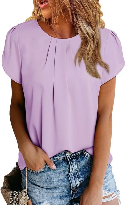 513u2QvMF-L._AC Women's Casual Round Neck Basic Pleated Tops Short Sleeve Loose Fit Curved Keyhole Back Chiffon Blouses Tshirts