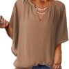 Womens Casual V Neck Loose 3/4 Bell Sleeve Chiffon Blouse Shirt Pleated Flowy Tunic Tops