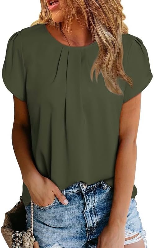 519ok8n2WlL._AC Women's Casual Round Neck Basic Pleated Tops Short Sleeve Loose Fit Curved Keyhole Back Chiffon Blouses Tshirts