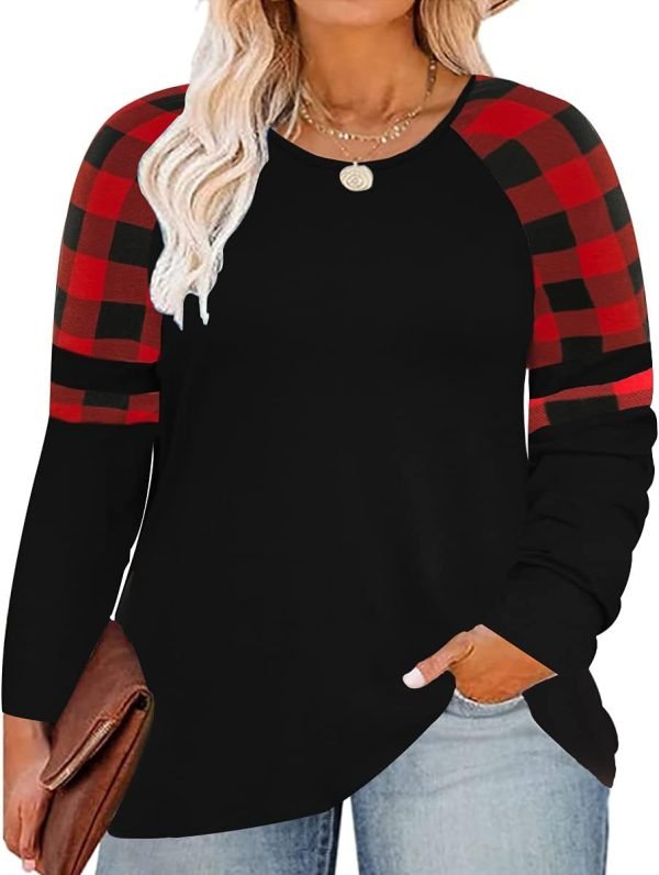51Al3i5NMvL._AC_SL1200 Plus Size T Shirt for Women Long Sleeve Raglan Tops Tee Shirts Color Block Top Leopard Plaid Print XL-5XL 14W-28W