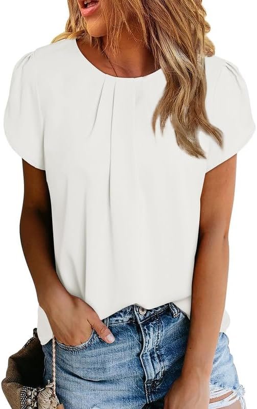 51KqGqxVhhL._AC Women's Casual Round Neck Basic Pleated Tops Short Sleeve Loose Fit Curved Keyhole Back Chiffon Blouses Tshirts