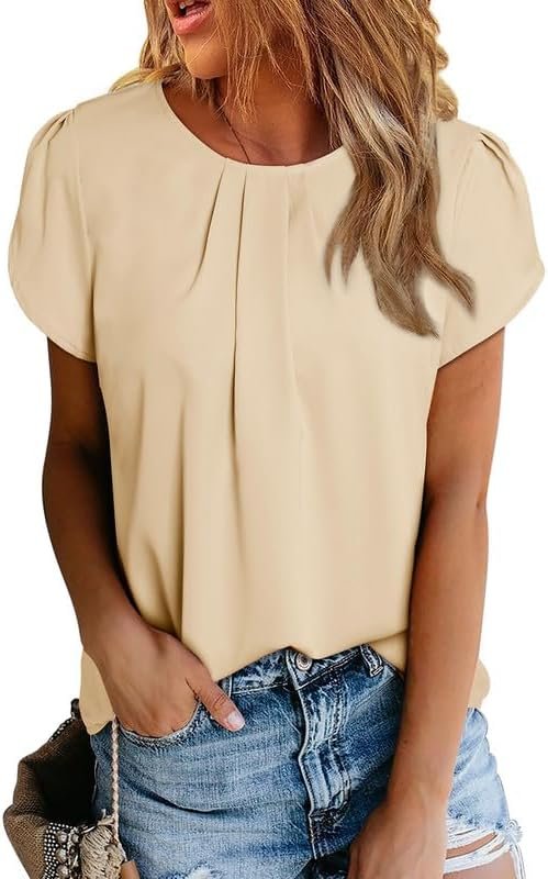 51PYGqYJuWL._AC Women's Casual Round Neck Basic Pleated Tops Short Sleeve Loose Fit Curved Keyhole Back Chiffon Blouses Tshirts
