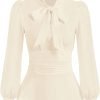 Women's Long Sleeve Peplum Dressy Shirt Office Bow Tie Work Blouses Tops Smocked Waist