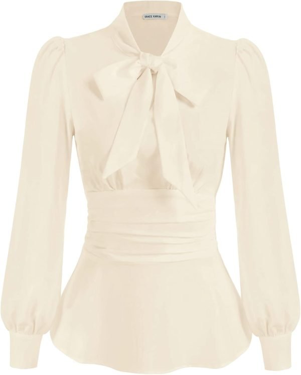 51Pj8cKaXwL._AC_SL1500 Women's Long Sleeve Peplum Dressy Shirt Office Bow Tie Work Blouses Tops Smocked Waist