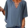 Womens Casual V Neck Loose 3/4 Bell Sleeve Chiffon Blouse Shirt Pleated Flowy Tunic Tops