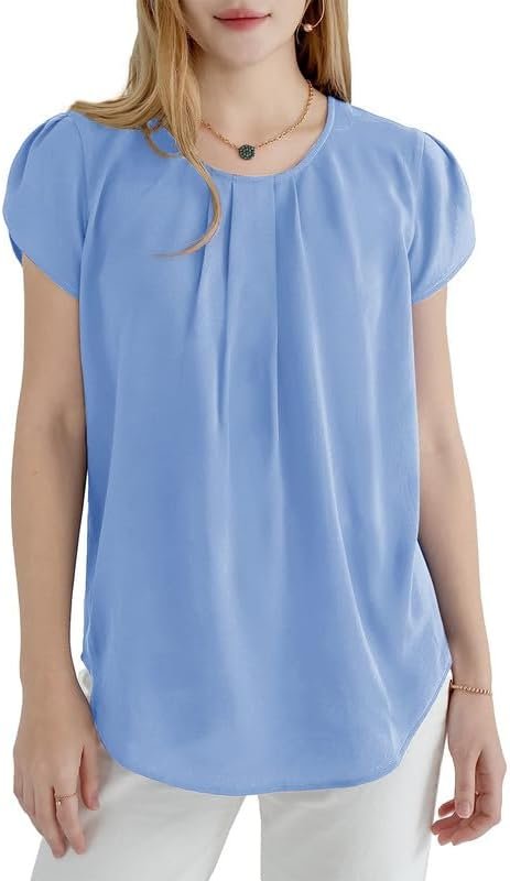 51_D0cjWoFL._AC Women's Casual Round Neck Basic Pleated Tops Short Sleeve Loose Fit Curved Keyhole Back Chiffon Blouses Tshirts