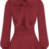 Women's Long Sleeve Peplum Dressy Shirt Office Bow Tie Work Blouses Tops Smocked Waist