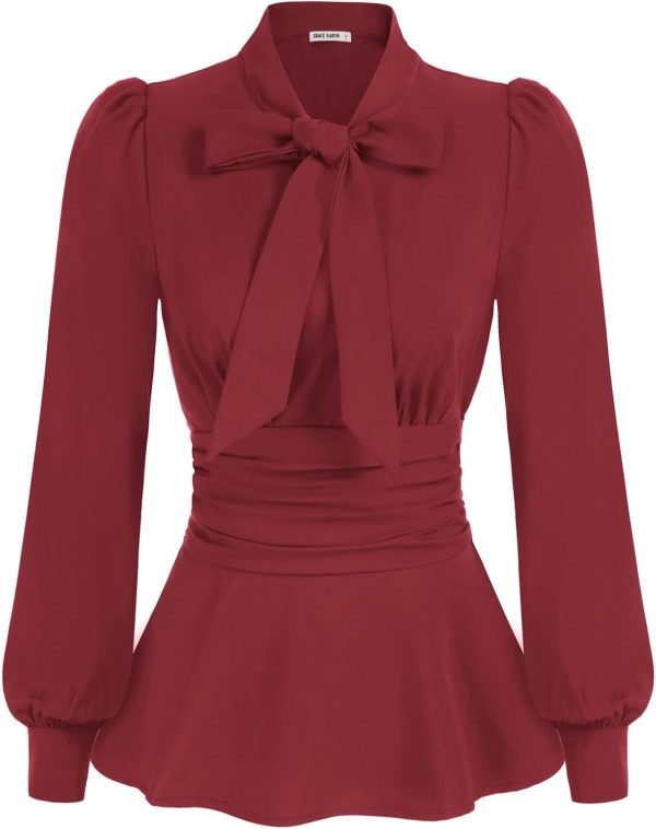 51a5kpU3CiL._AC_SL1500 Women's Long Sleeve Peplum Dressy Shirt Office Bow Tie Work Blouses Tops Smocked Waist