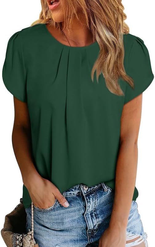 51cEjZA6Q5L._AC Women's Casual Round Neck Basic Pleated Tops Short Sleeve Loose Fit Curved Keyhole Back Chiffon Blouses Tshirts