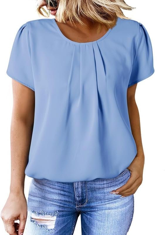 51dS3TRjqZL._AC Women's Casual Round Neck Basic Pleated Tops Short Sleeve Loose Fit Curved Keyhole Back Chiffon Blouses Tshirts