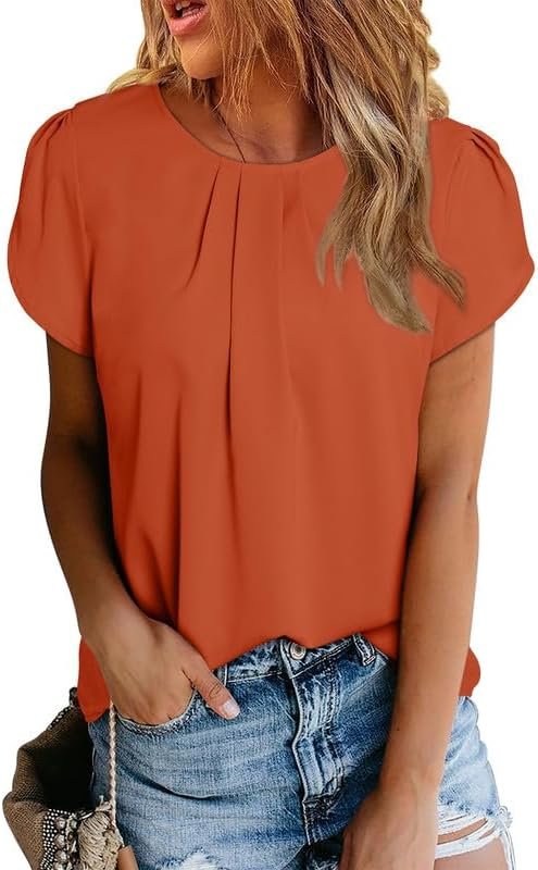 51fHYrkDz0L._AC Women's Casual Round Neck Basic Pleated Tops Short Sleeve Loose Fit Curved Keyhole Back Chiffon Blouses Tshirts