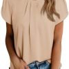 Women's Casual Round Neck Basic Pleated Tops Short Sleeve Loose Fit Curved Keyhole Back Chiffon Blouses Tshirts