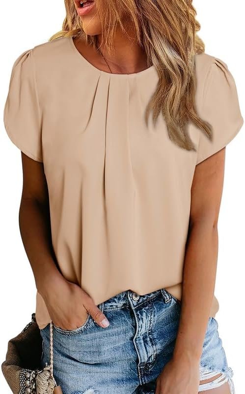 51gK1HerM6L._AC Women's Casual Round Neck Basic Pleated Tops Short Sleeve Loose Fit Curved Keyhole Back Chiffon Blouses Tshirts