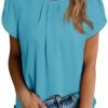 Women's Casual Round Neck Basic Pleated Tops Short Sleeve Loose Fit Curved Keyhole Back Chiffon Blouses Tshirts