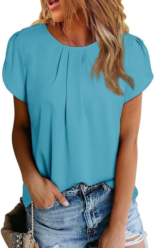 51gqFZHatxL._AC Women's Casual Round Neck Basic Pleated Tops Short Sleeve Loose Fit Curved Keyhole Back Chiffon Blouses Tshirts