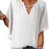 Womens Casual V Neck Loose 3/4 Bell Sleeve Chiffon Blouse Shirt Pleated Flowy Tunic Tops