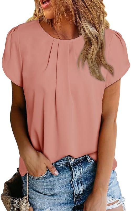 51khIisZIHL._AC Women's Casual Round Neck Basic Pleated Tops Short Sleeve Loose Fit Curved Keyhole Back Chiffon Blouses Tshirts