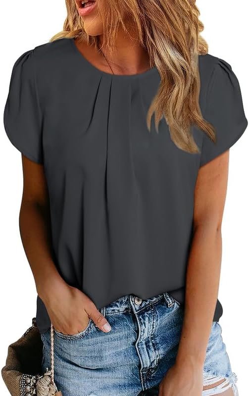 51ni5LVCiFL._AC Women's Casual Round Neck Basic Pleated Tops Short Sleeve Loose Fit Curved Keyhole Back Chiffon Blouses Tshirts