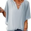 Womens Casual V Neck Loose 3/4 Bell Sleeve Chiffon Blouse Shirt Pleated Flowy Tunic Tops