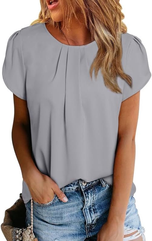 51rvFusa4KL._AC Women's Casual Round Neck Basic Pleated Tops Short Sleeve Loose Fit Curved Keyhole Back Chiffon Blouses Tshirts