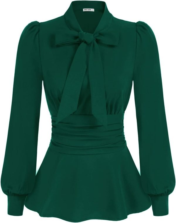 51z7agbZKVL._AC_SL1500 Women's Long Sleeve Peplum Dressy Shirt Office Bow Tie Work Blouses Tops Smocked Waist