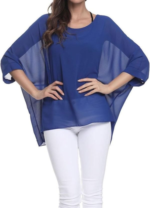 Women Chiffon Blouse Floral Batwing Sleeve Beach Cover Loose Tunic Shirt Tops