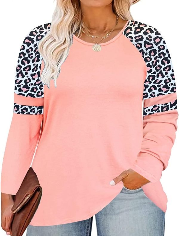 61-pmEdyKhS._AC_SL1200 Plus Size T Shirt for Women Long Sleeve Raglan Tops Tee Shirts Color Block Top Leopard Plaid Print XL-5XL 14W-28W