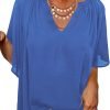 Womens Chiffon Blouses Casual Solid Bell Sleeve Shirt Loose V Neck Pleated Tunic Tops