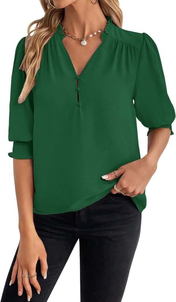 610Le3L8H7L._AC_SL1500 Women's Summer Puff Sleeve Top V Neck Ruffle Button Shirt Pleated Dressy Casual Chiffon Blouses