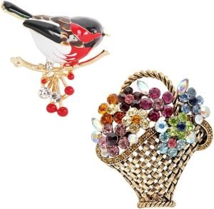 2Pcs Creative Design Multicolor Bird Brooch Pins Enamel Animal Hummingbird Brooches and Colors Rhinestone Flower Basket Brooch Vintage