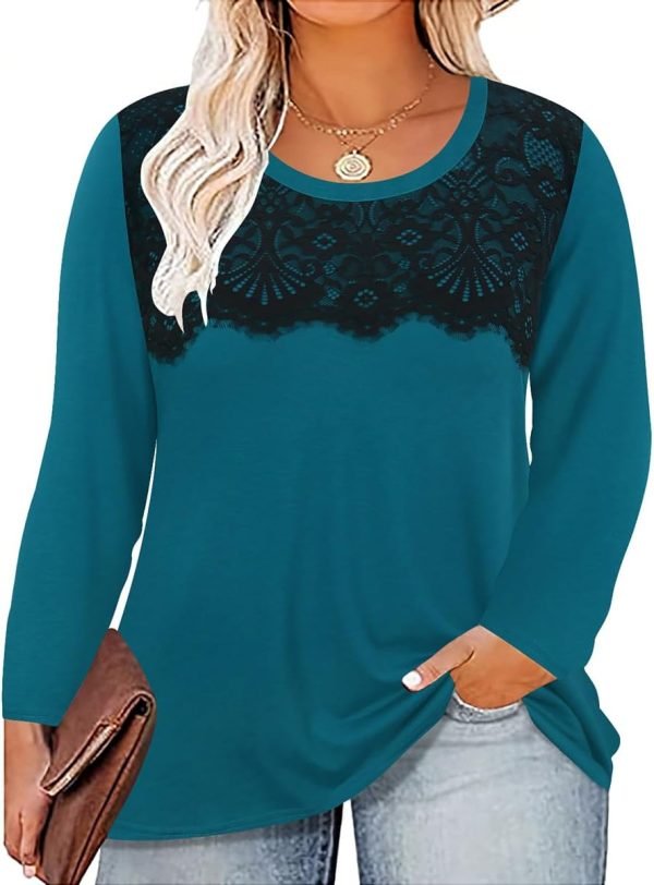 610zgrJDODL._AC_SL1200 Plus Size Lace Tops for Women Long Sleeve Crewneck Pullover Fall T-shirts Tunics Basic Tees T-Shirts XL-5XL