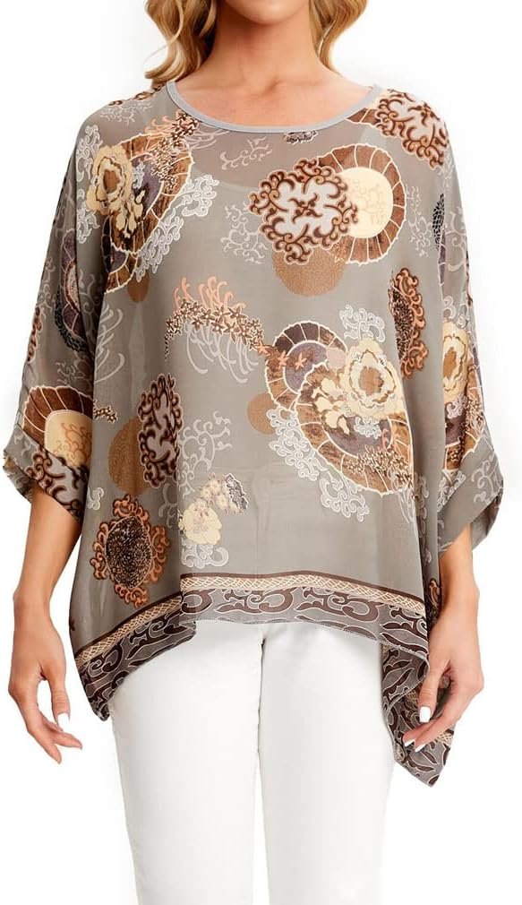 Women Chiffon Blouse Floral Batwing Sleeve Beach Cover Loose Tunic Shirt Tops