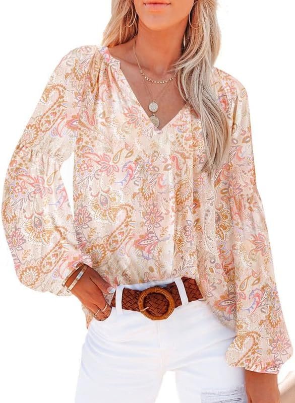 Women's Casual Boho Floral Print V Neck Long Sleeve T Shirt Blouses