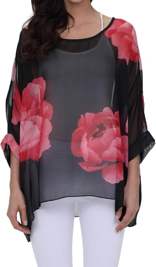 Women Chiffon Blouse Floral Batwing Sleeve Beach Cover Loose Tunic Shirt Tops