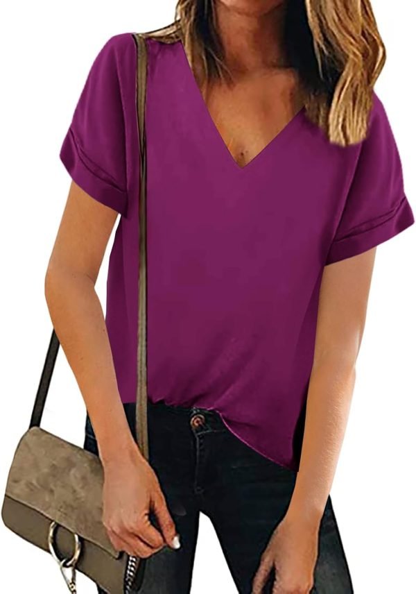 612XK6-3FZL._AC_SL1500 Women V Neck Chiffon Blouse Short Sleeve Summer Casual Loose Shirt Tops