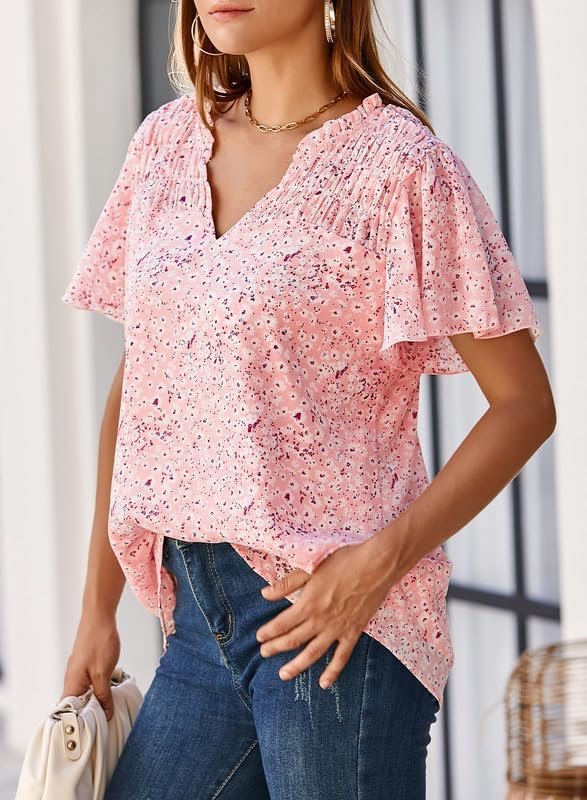 612oyYYqtjL._AC Women's Casual V Neck Floral Print Smocked Short Sleeve Chiffon Blouses Bohemian Top Shirts