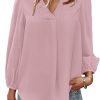 Women's Long Sleeve V Neck Shirt Dressy Pleated Top Casual Loose Chiffon Blouses