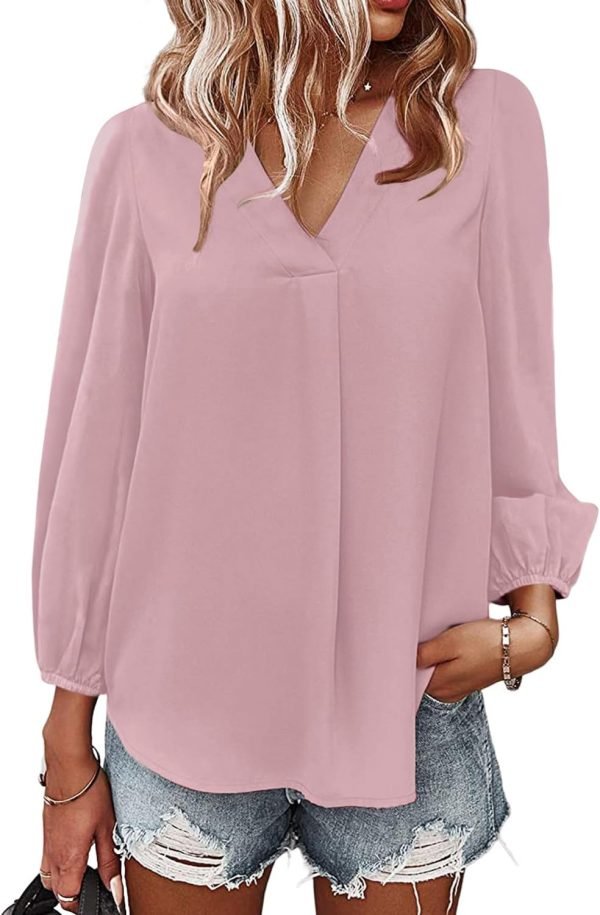 Women's Long Sleeve V Neck Shirt Dressy Pleated Top Casual Loose Chiffon Blouses