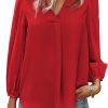 Women's Long Sleeve V Neck Shirt Dressy Pleated Top Casual Loose Chiffon Blouses