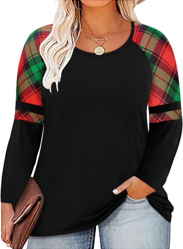 614EYygXCzL._AC_SL1200 Plus Size T Shirt for Women Long Sleeve Raglan Tops Tee Shirts Color Block Top Leopard Plaid Print XL-5XL 14W-28W