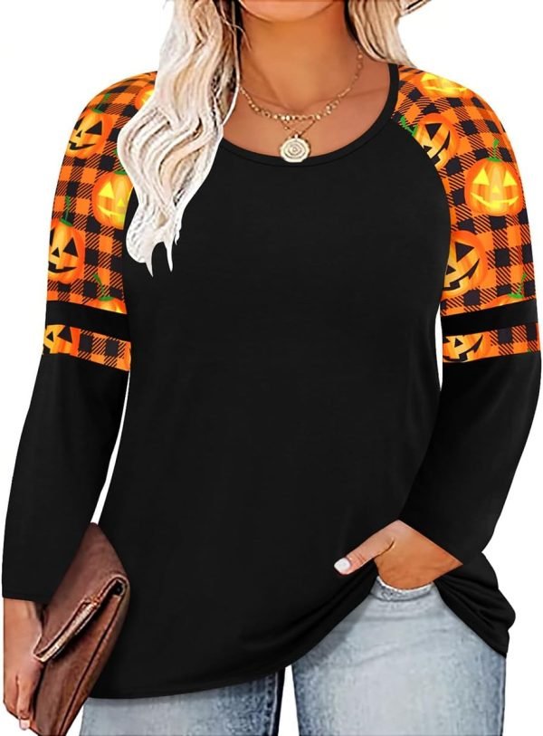 6164j6CES5L._AC_SL1200 Plus Size T Shirt for Women Long Sleeve Raglan Tops Tee Shirts Color Block Top Leopard Plaid Print XL-5XL 14W-28W