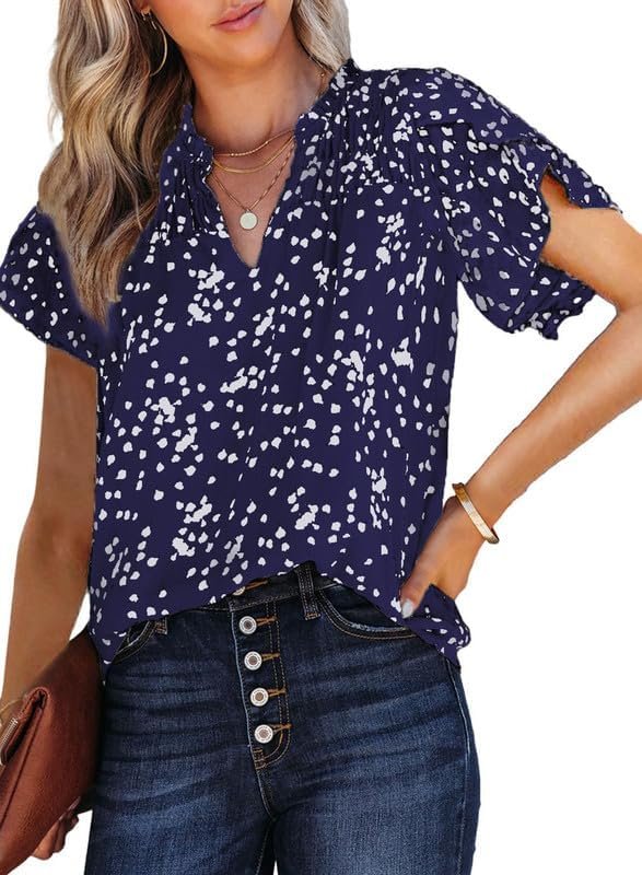 616Bbo_uOIL._AC Women's Casual V Neck Alicia Floral Print Smocked Short Sleeve Chiffon Blouses Bohemian Top Shirts
