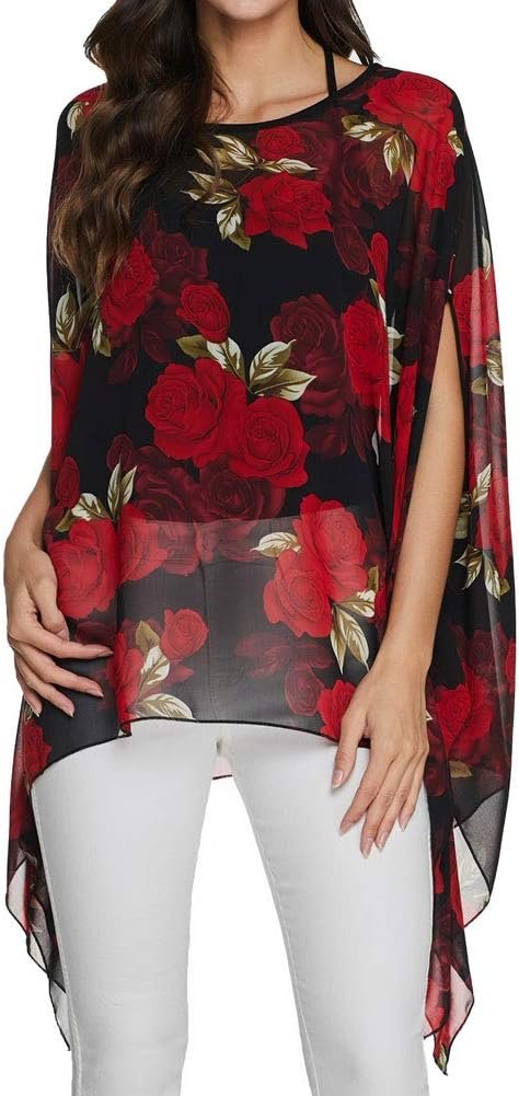 Women Chiffon Blouse Floral Batwing Sleeve Beach Cover Loose Tunic Shirt Tops