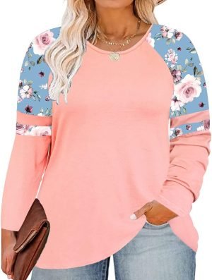 Plus Size T Shirt for Women Long Sleeve Raglan Tops Tee Shirts Color Block Top Leopard Plaid Print XL-5XL 14W-28W