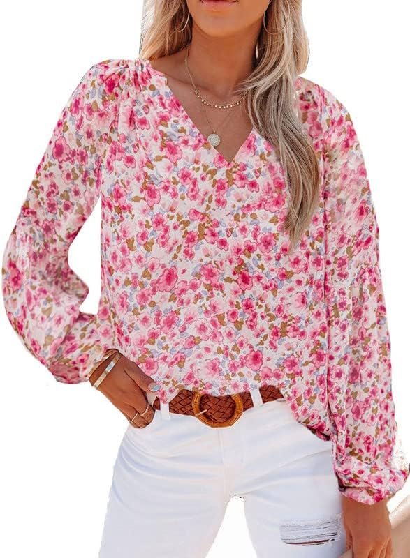 Women's Casual Boho Floral Print V Neck Long Sleeve T Shirt Blouses